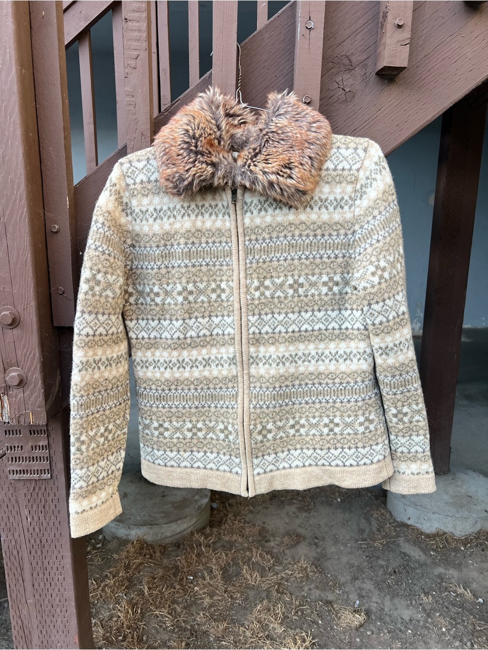 Susan Bristol Beige Patterned Teddy Jacket with Faux Fur Collar